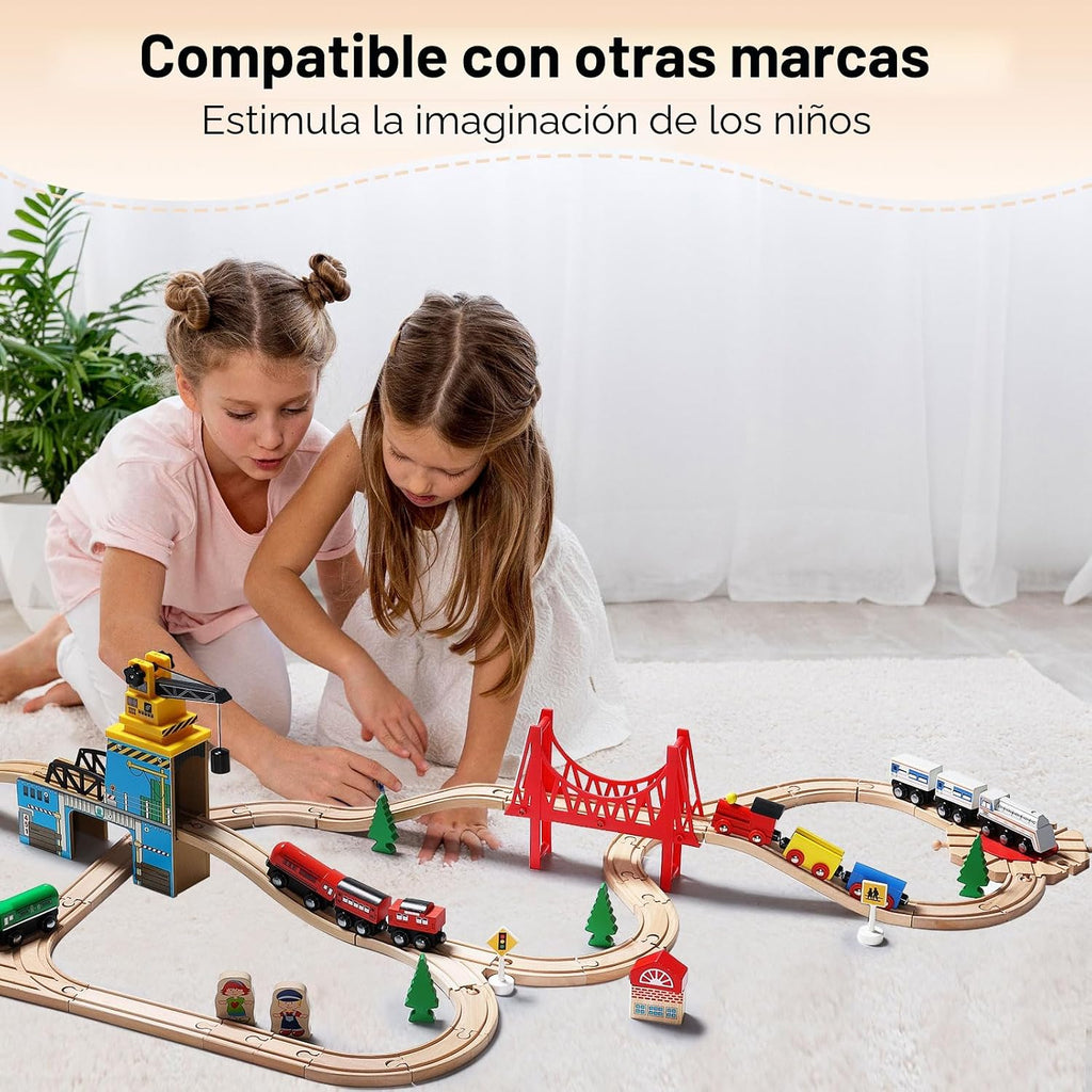 SainSmart Jr. Juego de Tren de Madera para Niños Pequeños - Vías de Madera de Doble Cara Compatible con Brio, Thomas, Melissa y Doug - Expandible, Cambiable - Tren de Juguete de Madera para Niños de 3