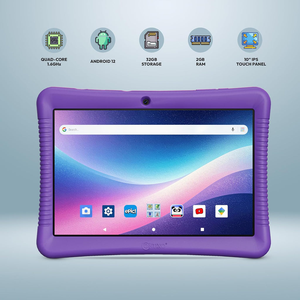 Contixo Paquete de tableta y reloj inteligente para niños de 10 pulgadas, Epic & Lingokids, tableta Android de aprendizaje para niños, 32 GB, reloj educativo con juegos, cámara, reproductor de música, alarma, papel tapiz personalizable, morado