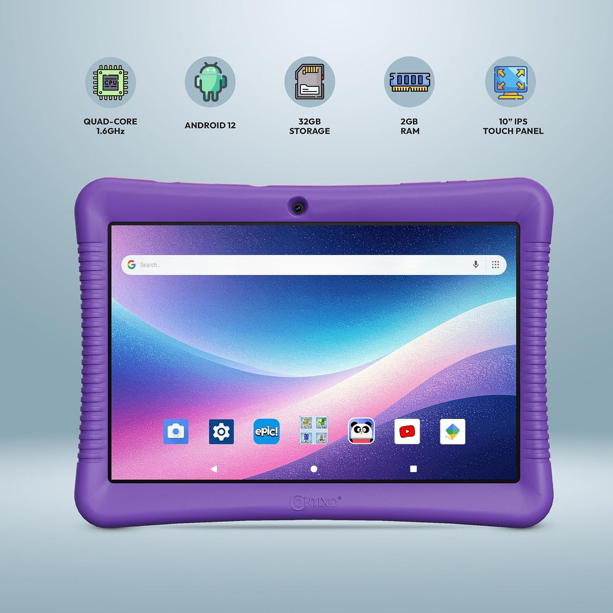 Contixo Paquete de tableta y reloj inteligente para niños de 10 pulgadas, Epic & Lingokids, tableta Android de aprendizaje para niños, 32 GB, reloj educativo con juegos, cámara, reproductor de música, alarma, papel tapiz personalizable, morado