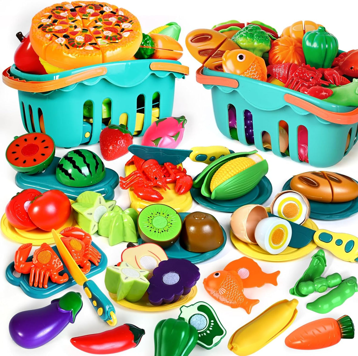 100 piezas de juego de comida de simulación para cocina de niños, juguete de comida falsa para niños pequeños de 1 a 3 años, accesorios de plástico para cortar alimentos/frutas/verduras falsos con 2