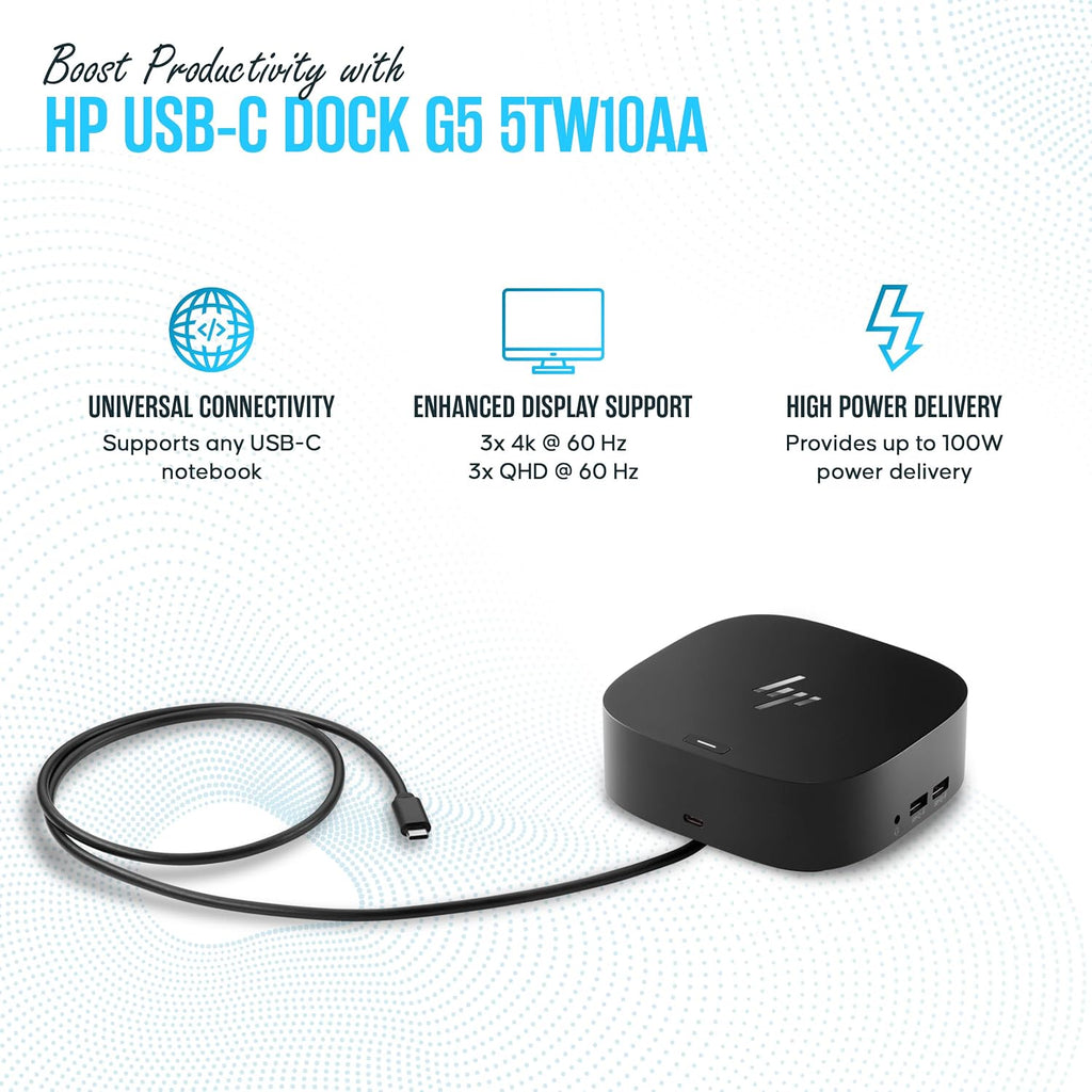 Estación de acoplamiento HP para portátil con monitor dual y carga - 5TW10AA / 5TW10UT / 5TW10AA#ABB USB-C G5 con 120W + cable HDMI + cable DisplayPort (Renovado)