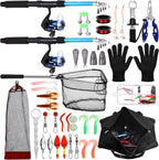 MiniInflat Combo de caña de pescar telescópica y carrete, 2 piezas de caña plegable con alicates y agarre de labios, bolsa de transporte, carrete giratorio precargado para viajes, agua salada, kit de