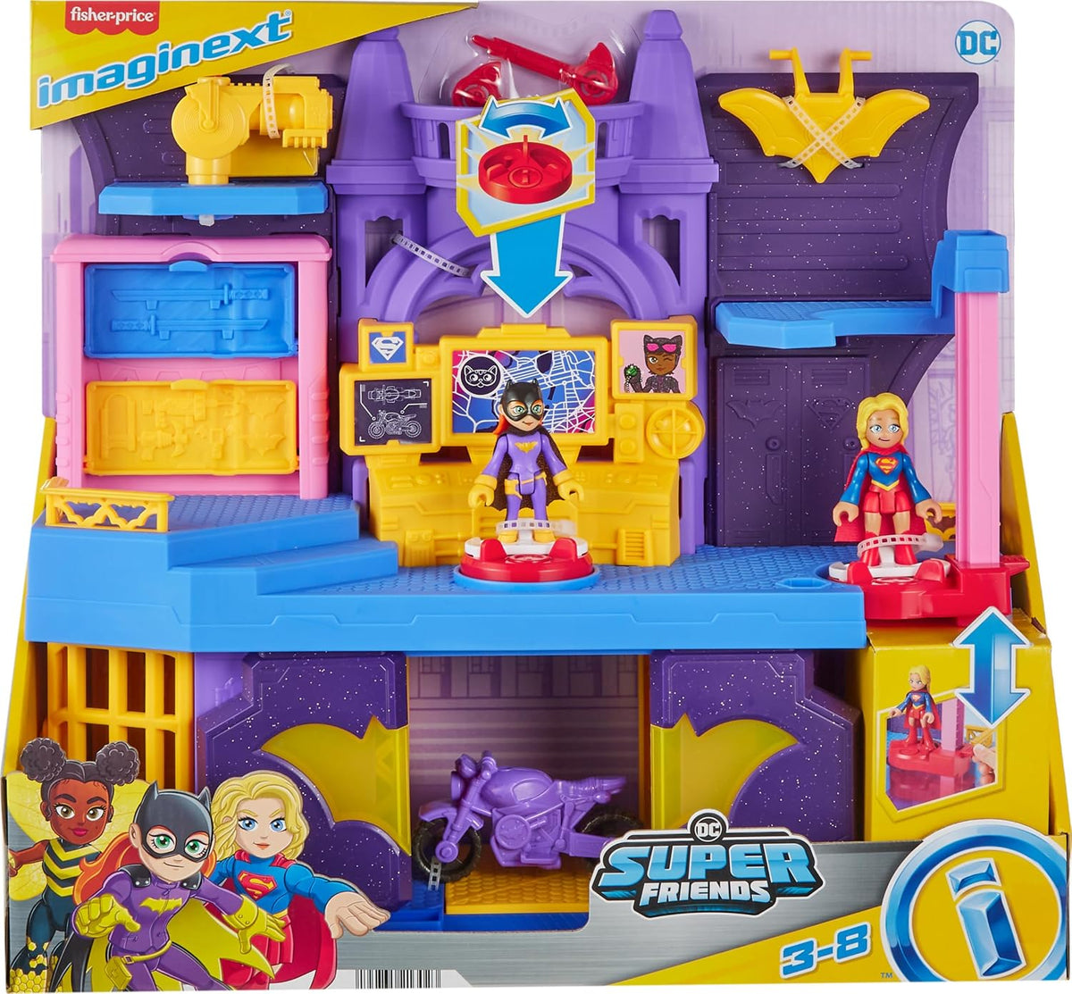 Set de juego de Super Amigos DC figuras de acción de Batichica y escondite de Fisher-Price Imaginext con 2 figuras y 5 accesorios para juego de rol para niños de 3+ años