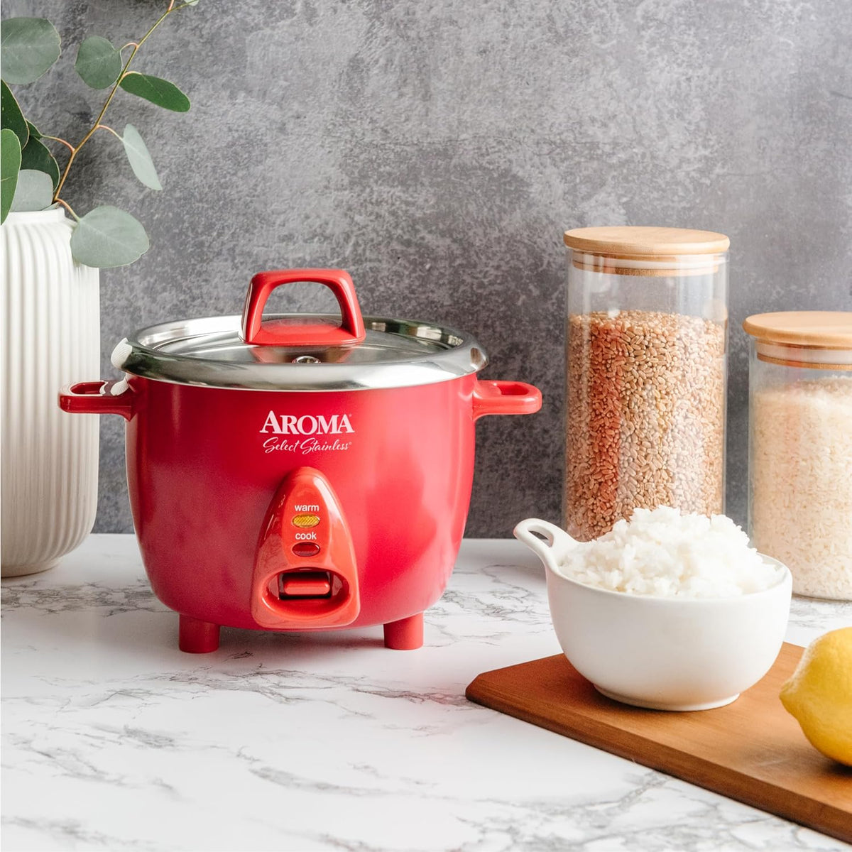 Arrocera y calentador de arroz Aroma Housewares Select de acero inoxidable con olla interior sin revestimiento, 6 tazas (cocidas) / 1.2 cuartos de galón, ARC-753SGR, Rojo