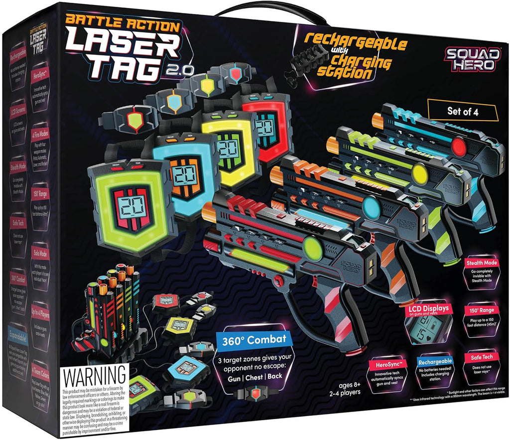 Squad Hero Sensores láser recargables de 360° + LCDs - Juego de 4 ideas de regalo de cumpleaños para niños, adolescentes y adultos, niños y niñas, diversión familiar - Actividad de grupo Lazer para