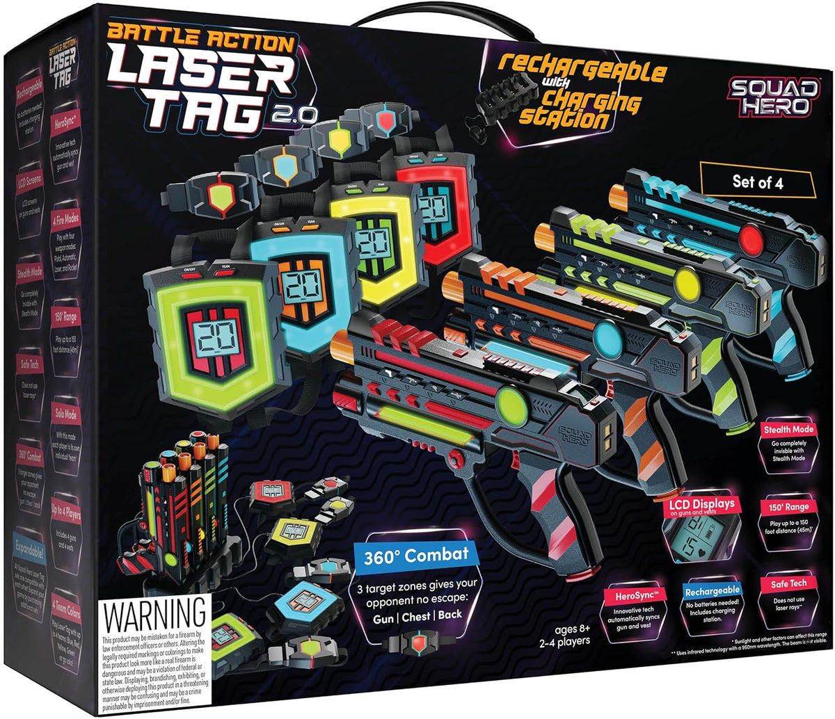 Squad Hero Sensores láser recargables de 360° + LCDs - Juego de 4 ideas de regalo de cumpleaños para niños, adolescentes y adultos, niños y niñas, diversión familiar - Actividad de grupo Lazer para