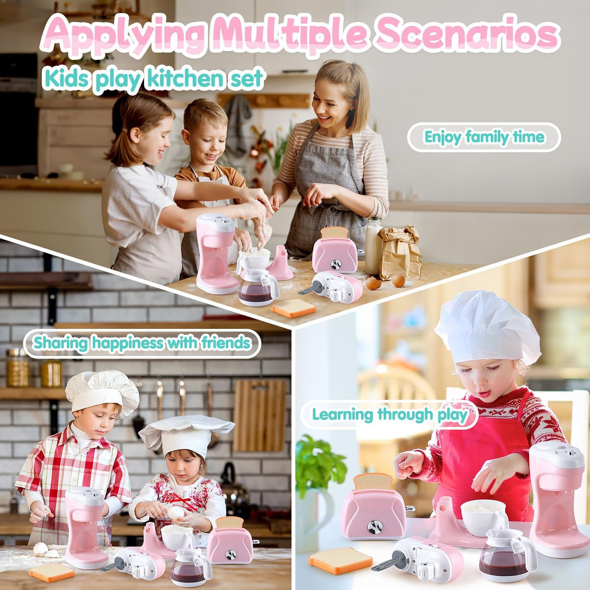 Juguetes de electrodomésticos de cocina, juego de accesorios de cocina para niños, juguetes de cocina de simulación para niños de 4 a 8 años, cafetera, mezcladora, tostador con luces y sonidos