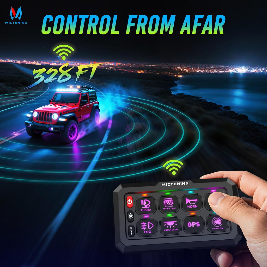 MICTUNING P1s-W Panel de interruptor RGB inalámbrico de 8 cuadras, alcance remoto de 328 pies y 433 MHz