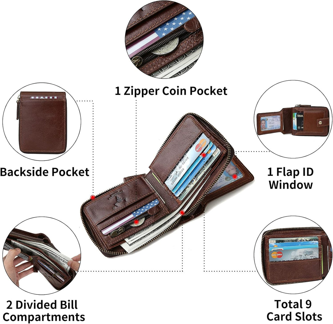 Billetera con cremallera para hombre, con bloqueo RFID, de piel, pl...