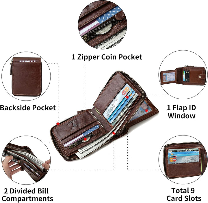 Billetera con cremallera para hombre, con bloqueo RFID, de piel, pl...