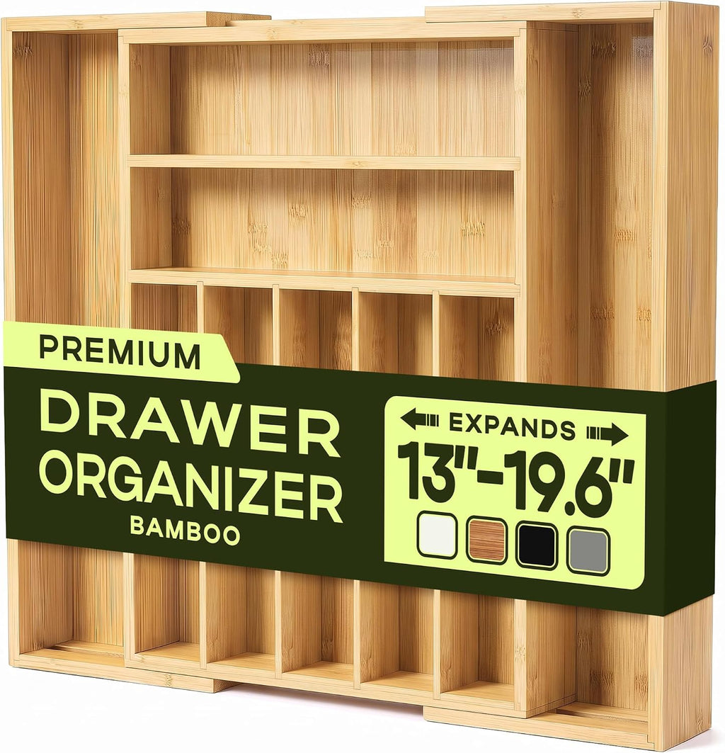 Organizador de cajones de cocina de bambú, soporte para utensilios de cocina y bandeja de cubiertos con separadores ranurados (9 ranuras, natural)