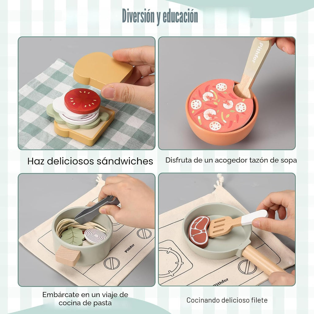 Juego de cocina de madera, juguetes de accesorios de cocina de simulación para niños y niños pequeños, incluye platos de juego, olla y sartén, utensilios, regalos para niñas y niños de 3, 4