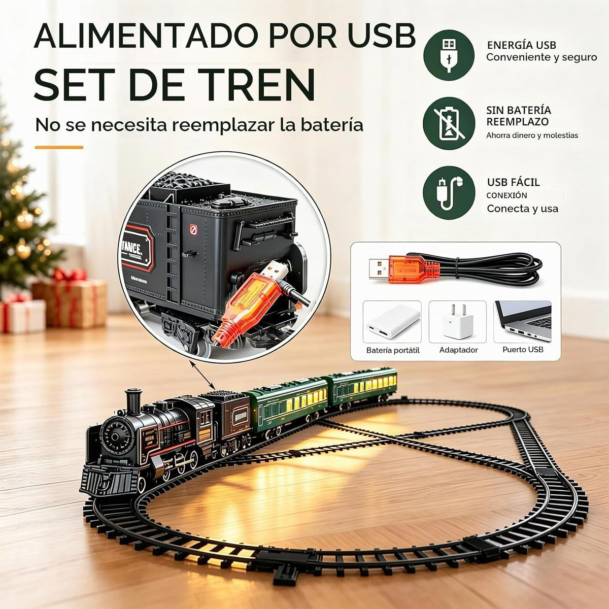 Juegos de tren eléctrico para niños, juguetes de tren de Navidad de aleación de metal, locomotora de vapor, vagones de pasajeros brillantes, pistas de lujo, luz y sonidos, regalos de cumpleaños recargables para niños y niñas, rojo y verde