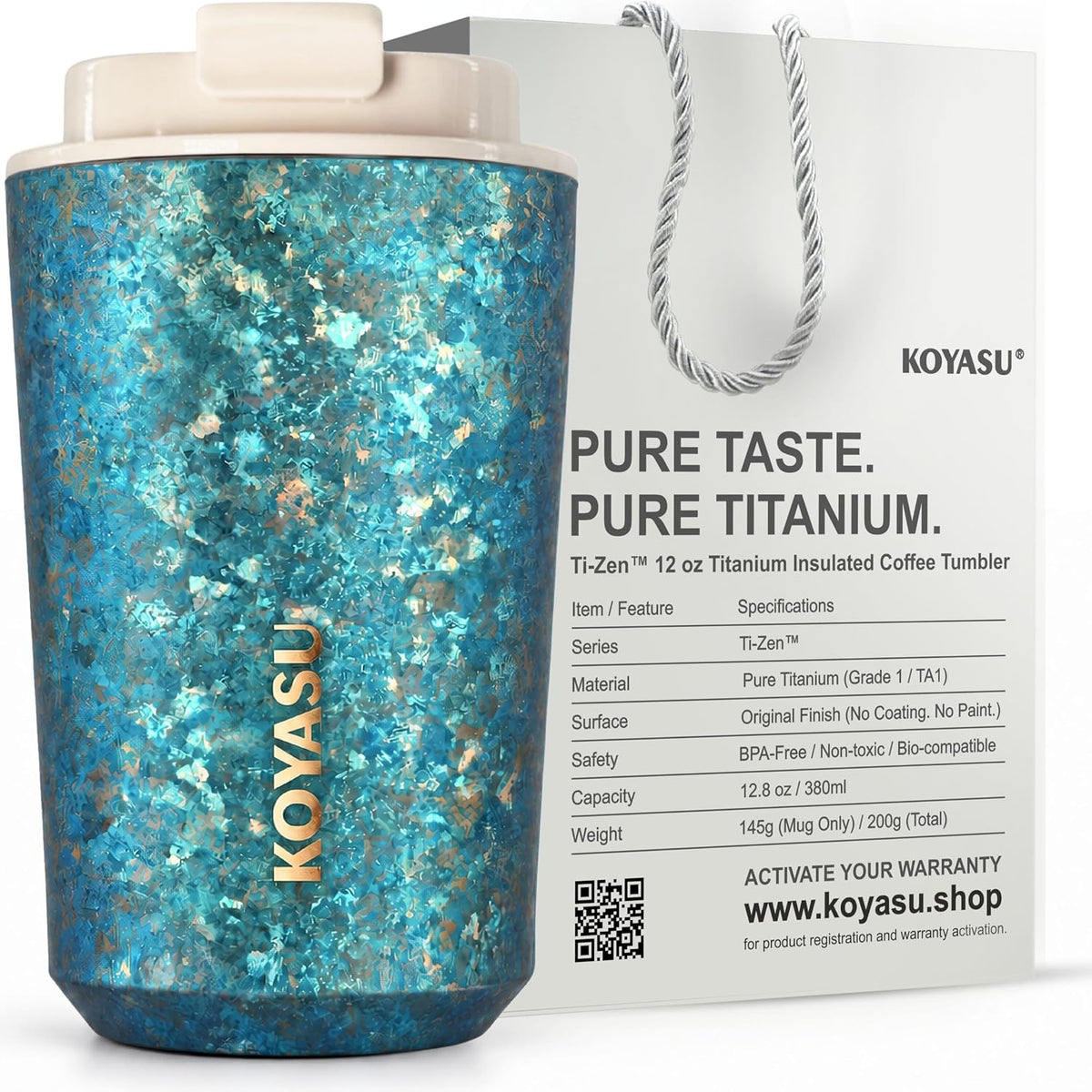 KOYASU Ti-Zen Taza de café de viaje de titanio, vaso aislado ultraligero de 12 onzas, taza de viaje a prueba de fugas para hombres y accesorio de escritorio de oficina, termo de té portátil minimalista para viajes y automóvil, azul índigo