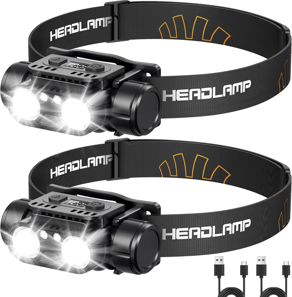 Lámpara Linterna frontal LED recargable, paquete de 2 lámparas de cabeza superbrillantes con sensor de movimiento, luces de cabeza ajustables de 45° para casco de frente, 7 modos, impermeables, para