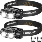 Lámpara Linterna frontal LED recargable, paquete de 2 lámparas de cabeza superbrillantes con sensor de movimiento, luces de cabeza ajustables de 45° para casco de frente, 7 modos, impermeables, para