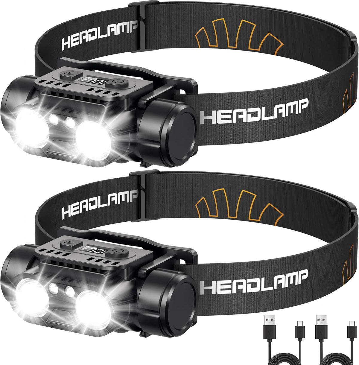 Lámpara Linterna frontal LED recargable, paquete de 2 lámparas de cabeza superbrillantes con sensor de movimiento, luces de cabeza ajustables de 45° para casco de frente, 7 modos, impermeables, para