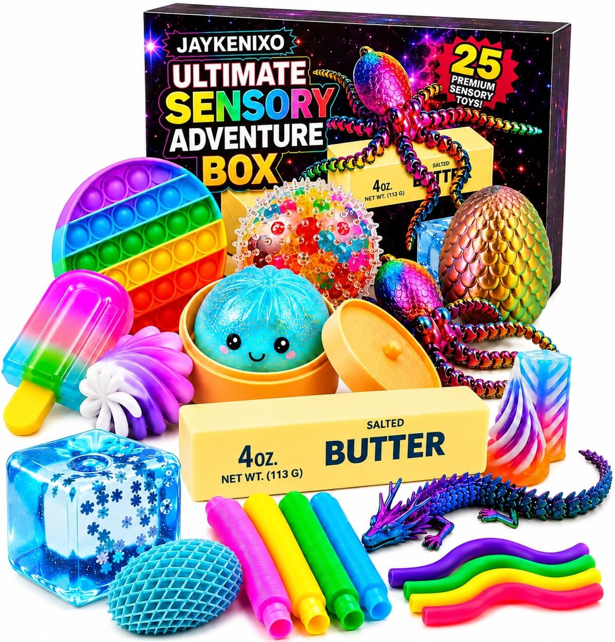 Caja de aventura sensorial definitiva de 25 piezas, juego de juguetes para ansiedad para niños con huevo de dragón, juguetes esponjosos, tubos pop, juguetes elásticos, bolas antiestrés