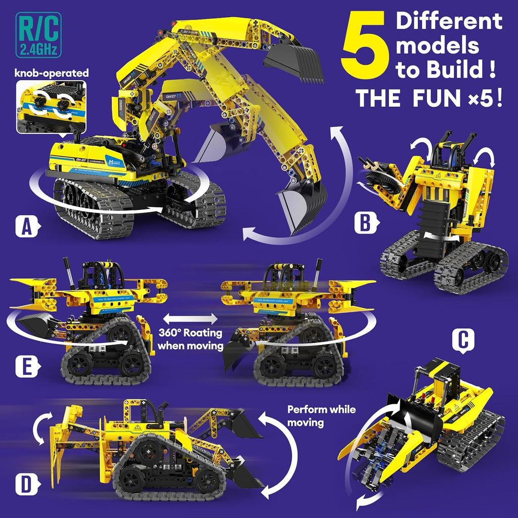 LECPOP Juguetes de construcción 5 en 1, kit de robótica STEM, 430 piezas de bloques RC Robot Erector, aplicación y control remoto, kits de ciencia de excavadora para niños de 6, 7, 8, 9, 10, 11, 12-14