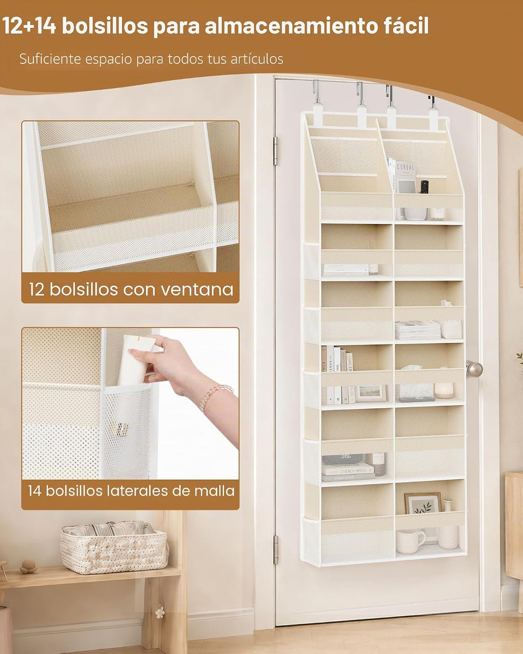 Organizador para colgar sobre la puerta, extra grande, 12 compartimentos para colgar en el armario, con 14 bolsillos de malla, capacidad de 85 libras detrás de la puerta, almacenamiento para