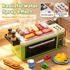 CUTE STONE Juguetes para microondas y horno con luz de sonido de niebla fría, parrilla de barbacoa para niños con comida de juego, plancha, accesorios de cocina de simulación, juguete de cocina para