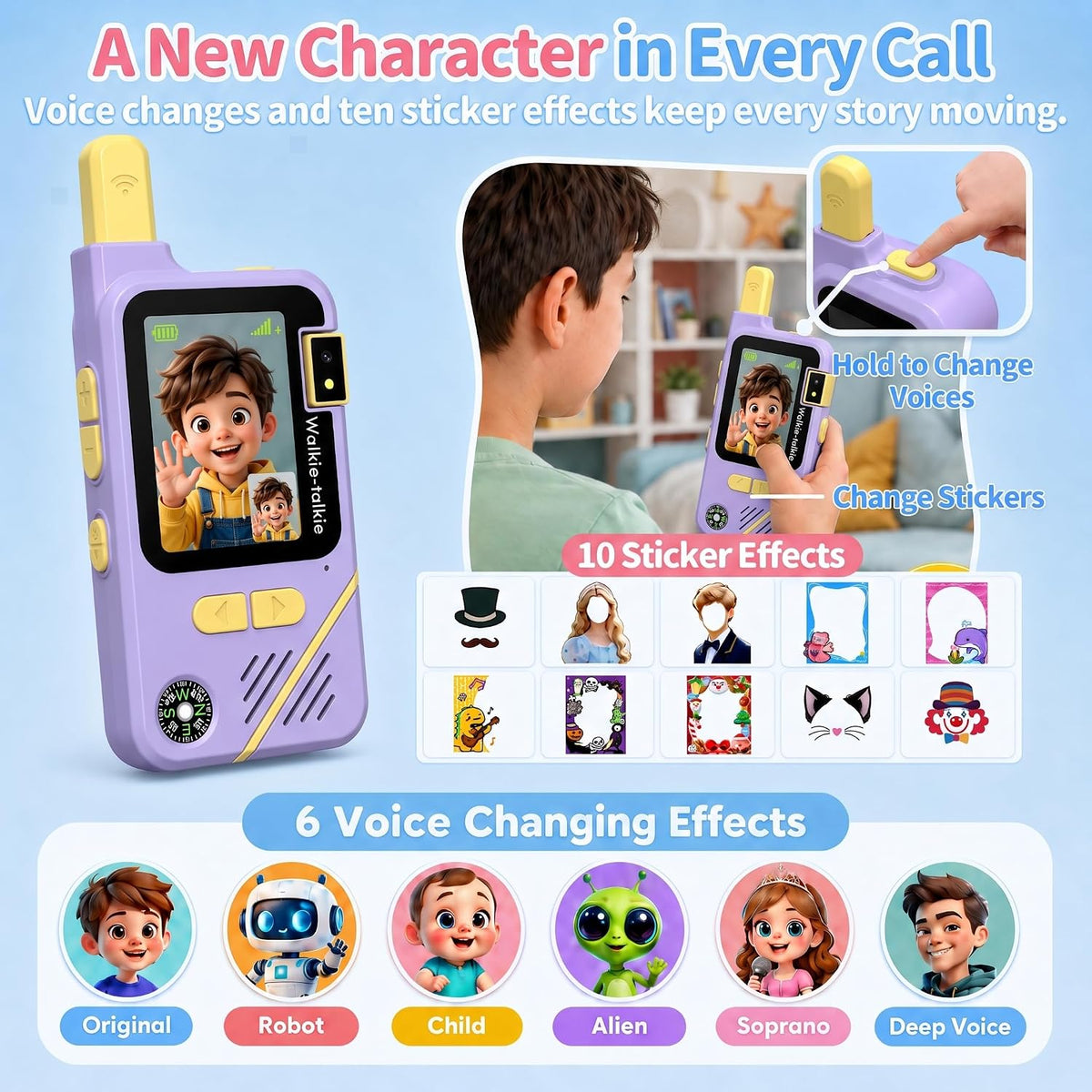 KJAI Walkie Talkies de video para niños, paquete de 2 con cámara giratoria de 180°, cambiador de voz, 10 divertidos efectos adhesivos, clip y cordón, juguetes al aire libre y regalos de cumpleaños
