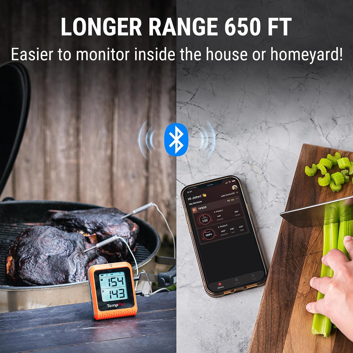 TempPro TempSync - Termómetro Bluetooth para carne de 650 pies con 2 sondas