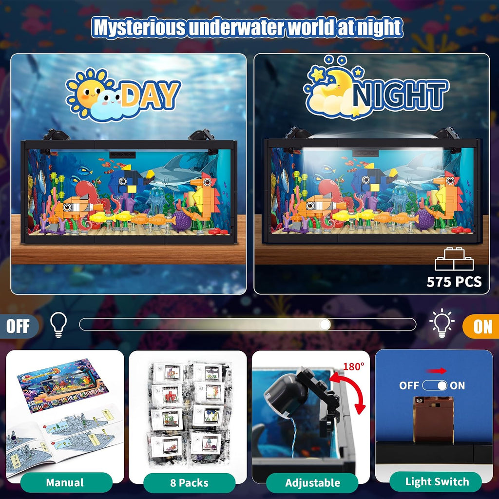 Juego de construcción de pecera 8 en 1, bloque de construcción de acuario marino con luz LED, recuerdos de fiesta, 9 modelos de juguete que incluye cangrejo de pulpo, regalos de cumpleaños de Navidad para niños y niñas de 6, 8, 10, 12 años en adelante