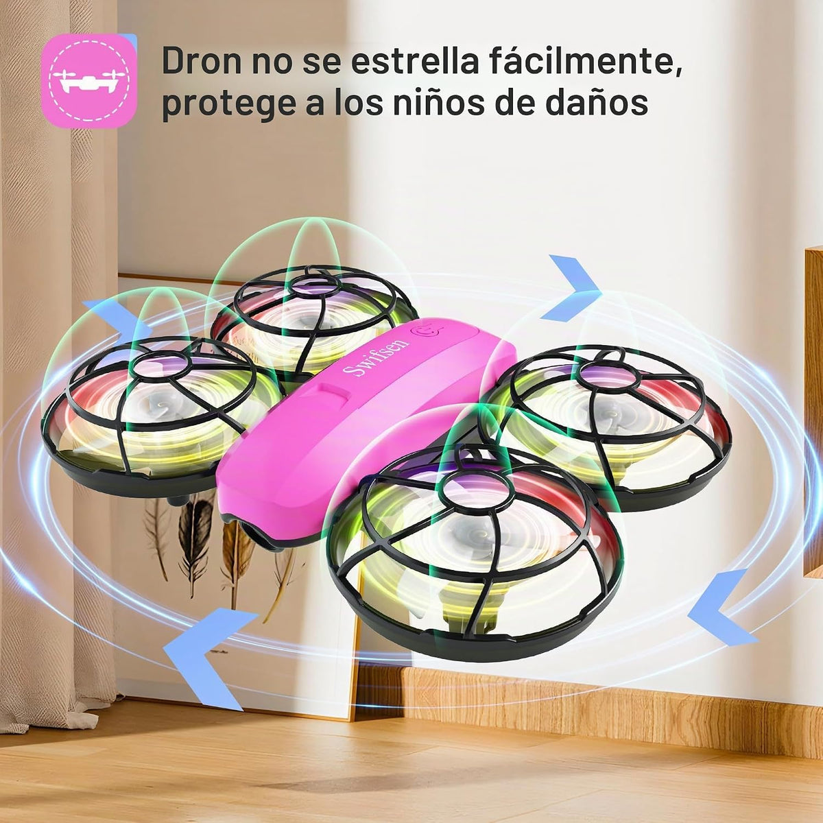 Swifsen Dron para niños con cámara y posicionamiento de flujo óptico, mini cuadricóptero RC con protección completa, 2 baterías modulares, luces LED coloridas, regalo fácil de volar para niños y principiantes (versión mejorada).