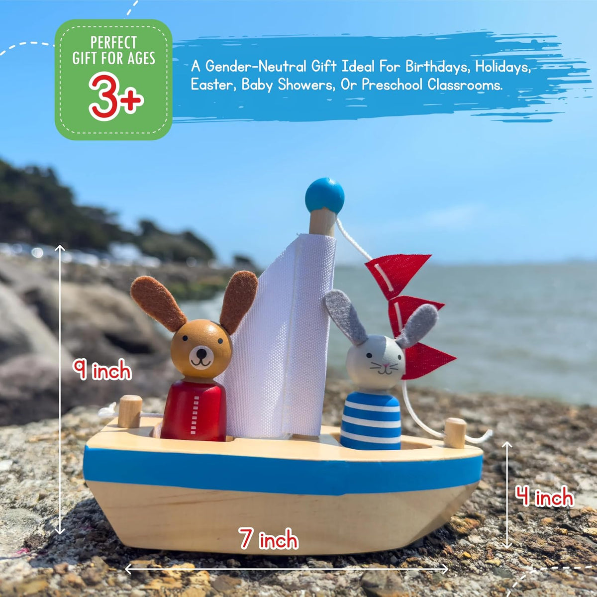 Jack Rabbit Creations Juguete de baño de velero de madera - Perro y
