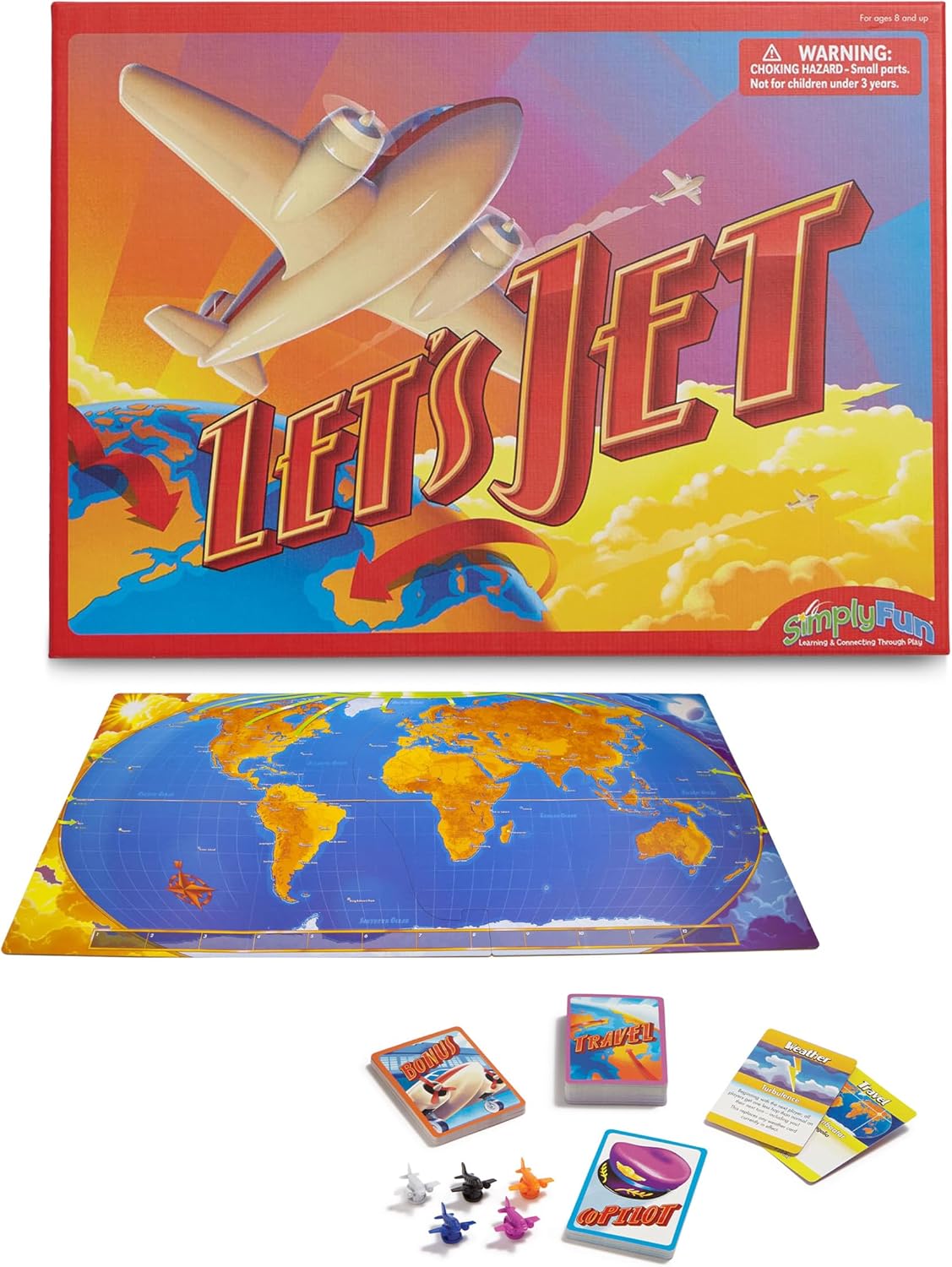 SimplyFun Let's Jet World Geography - Juego de mesa educativo para niños a partir de 8 años, juego de viaje mundial con mapa, tarjetas y peones de jet