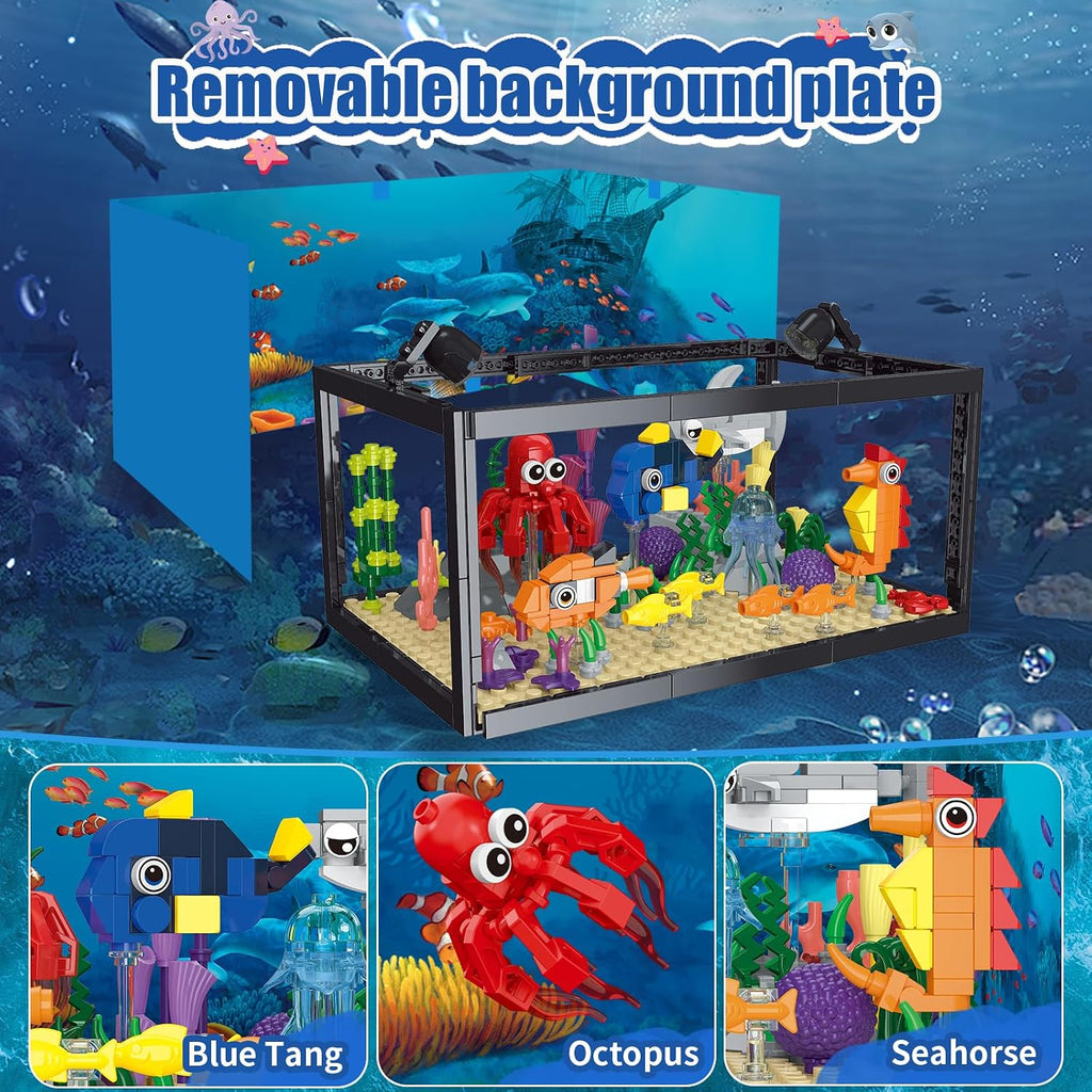 Juego de construcción de peceras 8 en 1, juguete de construcción de acuario marino con luz LED, paisaje en miniatura de animales, incluye cangrejo de pulpo, regalos de cumpleaños de Navidad para adultos, niños, niñas y niños de 6, 8, 10, 12 años en