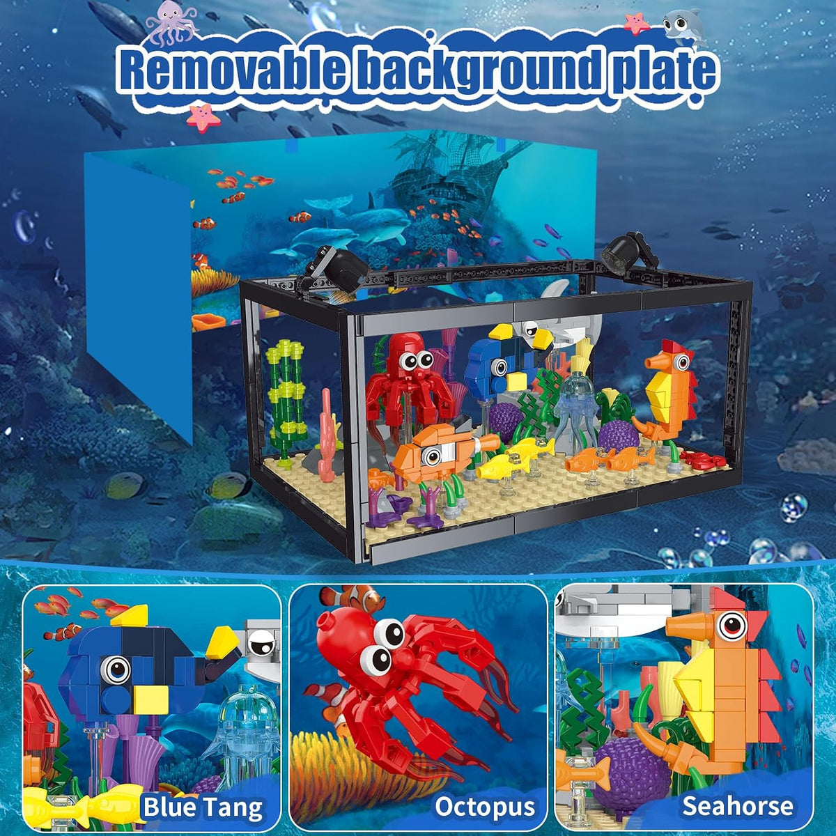 Juego de construcción de peceras 8 en 1, juguete de construcción de acuario marino con luz LED, paisaje en miniatura de animales, incluye cangrejo de pulpo, regalos de cumpleaños de Navidad para adultos, niños, niñas y niños de 6, 8, 10, 12 años en