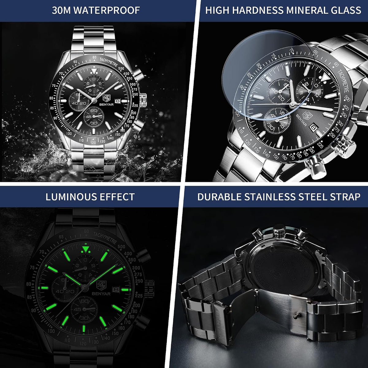 BENYAR Reloj analógico de cuarzo cronógrafo impermeable luminoso de diseñador para hombre, reloj de pulsera para hombre, para negocios, trabajo, deporte, casual, con correa de silicona, elegante