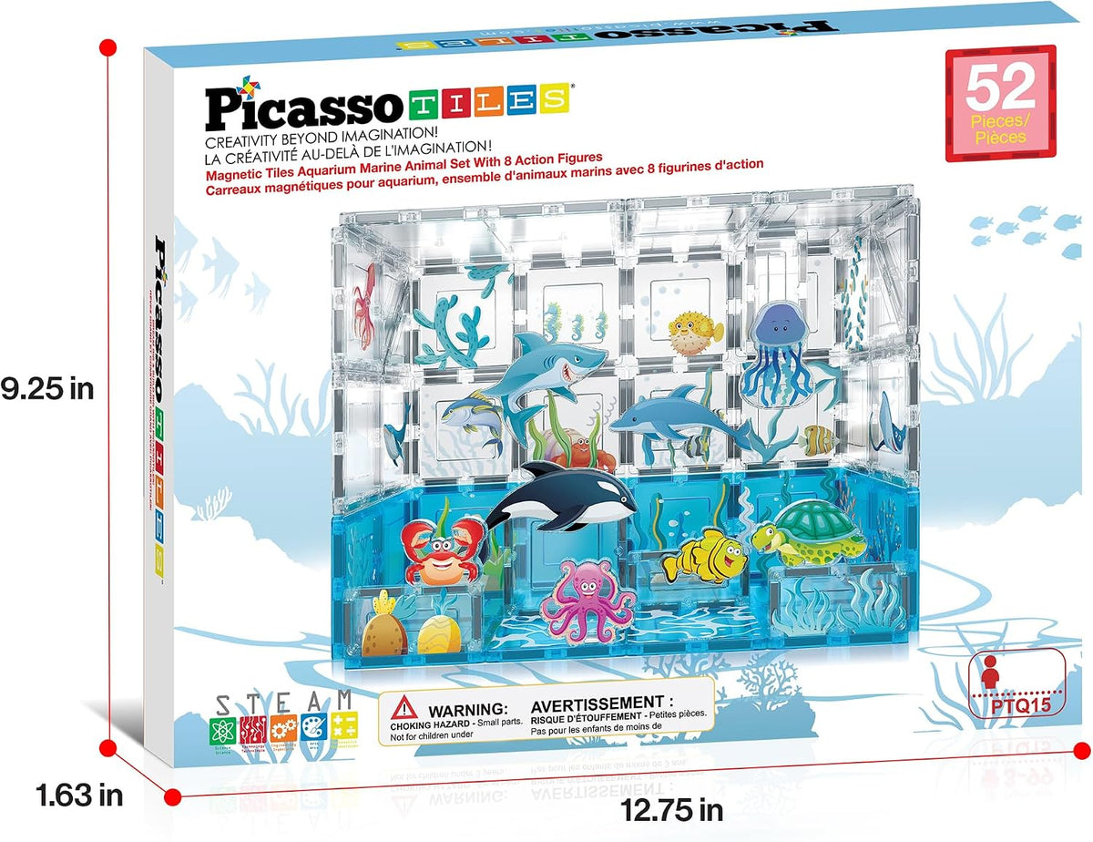 PicassoTiles Azulejos Magnéticos Bloques de construcción magnéticos para acuario, juego temático de animales marinos con 8 figuras de acción de personajes, tiburón, cangrejo, tortuga, juguetes STEM