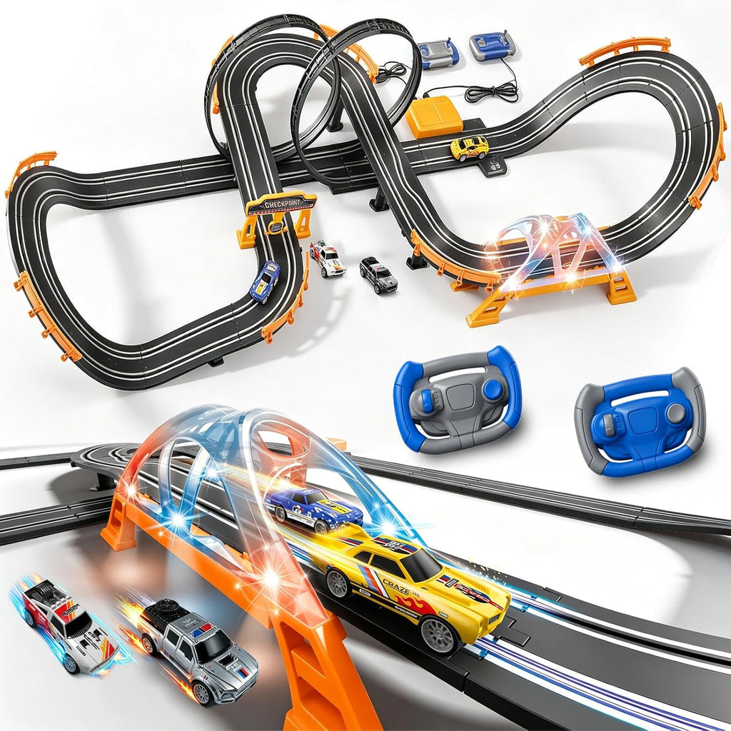 Juego de carreras de coches eléctricos con 4 tragamonedas de alta velocidad, juego de carreras dual con 2 controladores, pista circular de paso elevado con péndulo de puente flash, juguetes de regalo