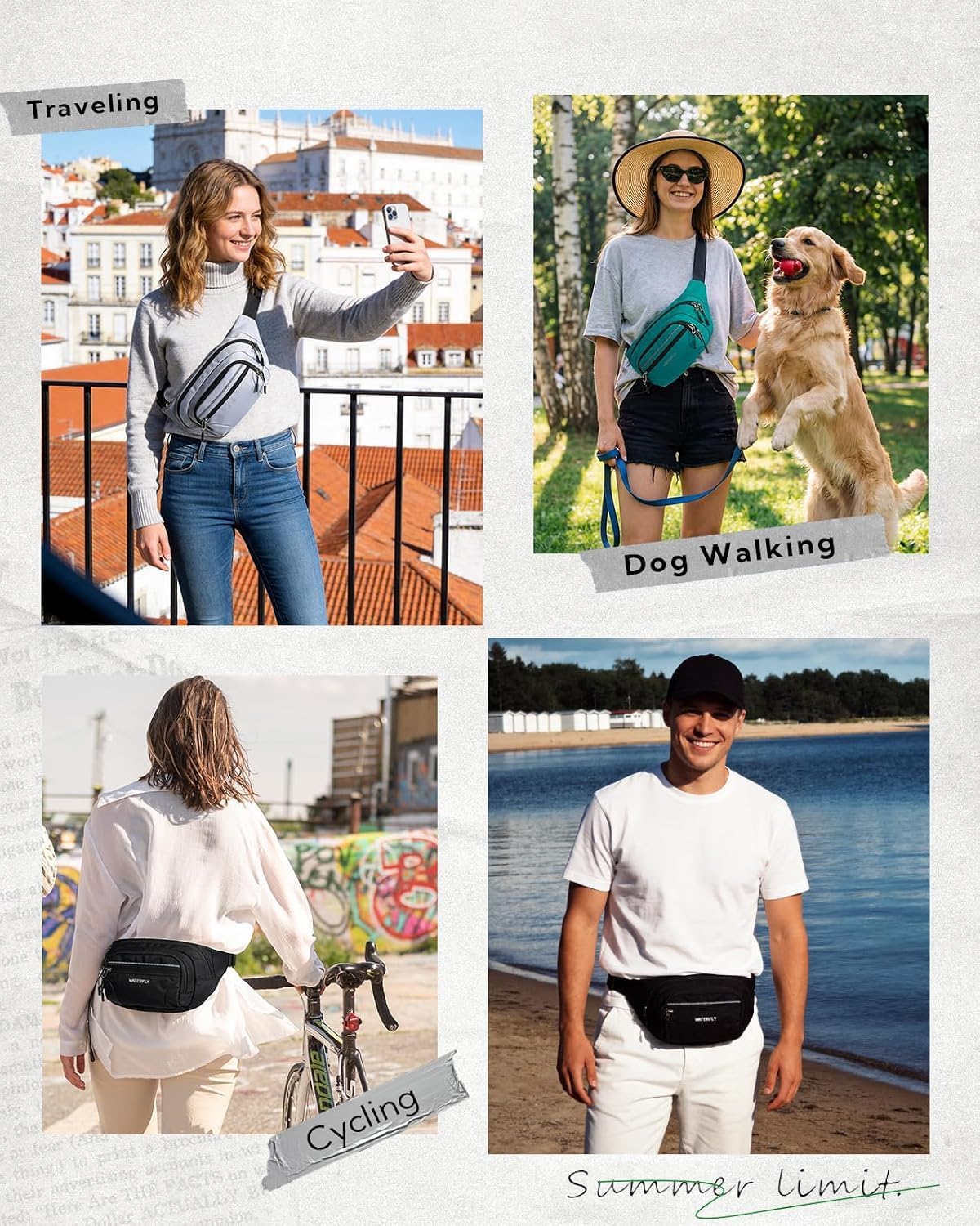 WATERFLY Riñonera RFID de 3.5L: Riñonera cruzada antirrobo de gran capacidad con correa extensora, 5 bolsillos con cremallera, cintura para hombres y mujeres, viajes diarios, senderismo y caminar
