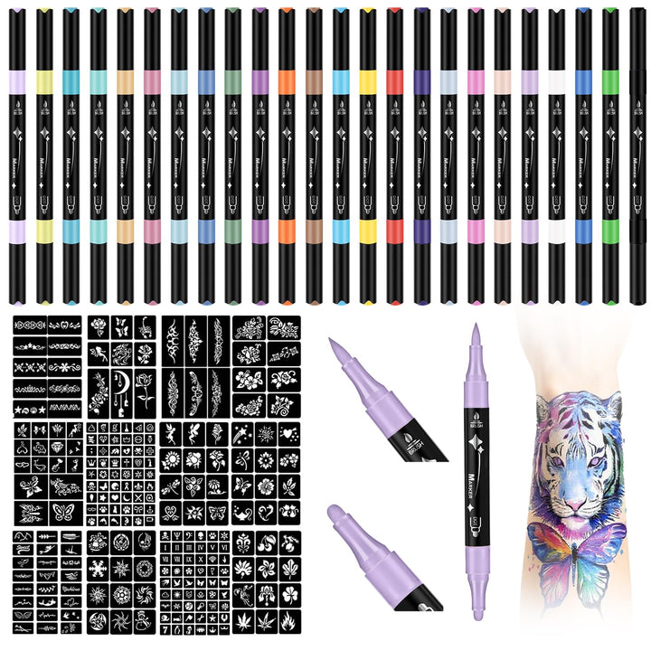 Marcadores temporales de tatuajes para piel, kit de tatuajes, 24 ma...