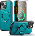 Funda para iPhone 15 con Soporte Compatible con MagSafe de Cuero PU Delgado y TPU Duradero a Prueba de Caídas Soporte Magnético Plegable Funda Protectora para Teléfono con Protector de