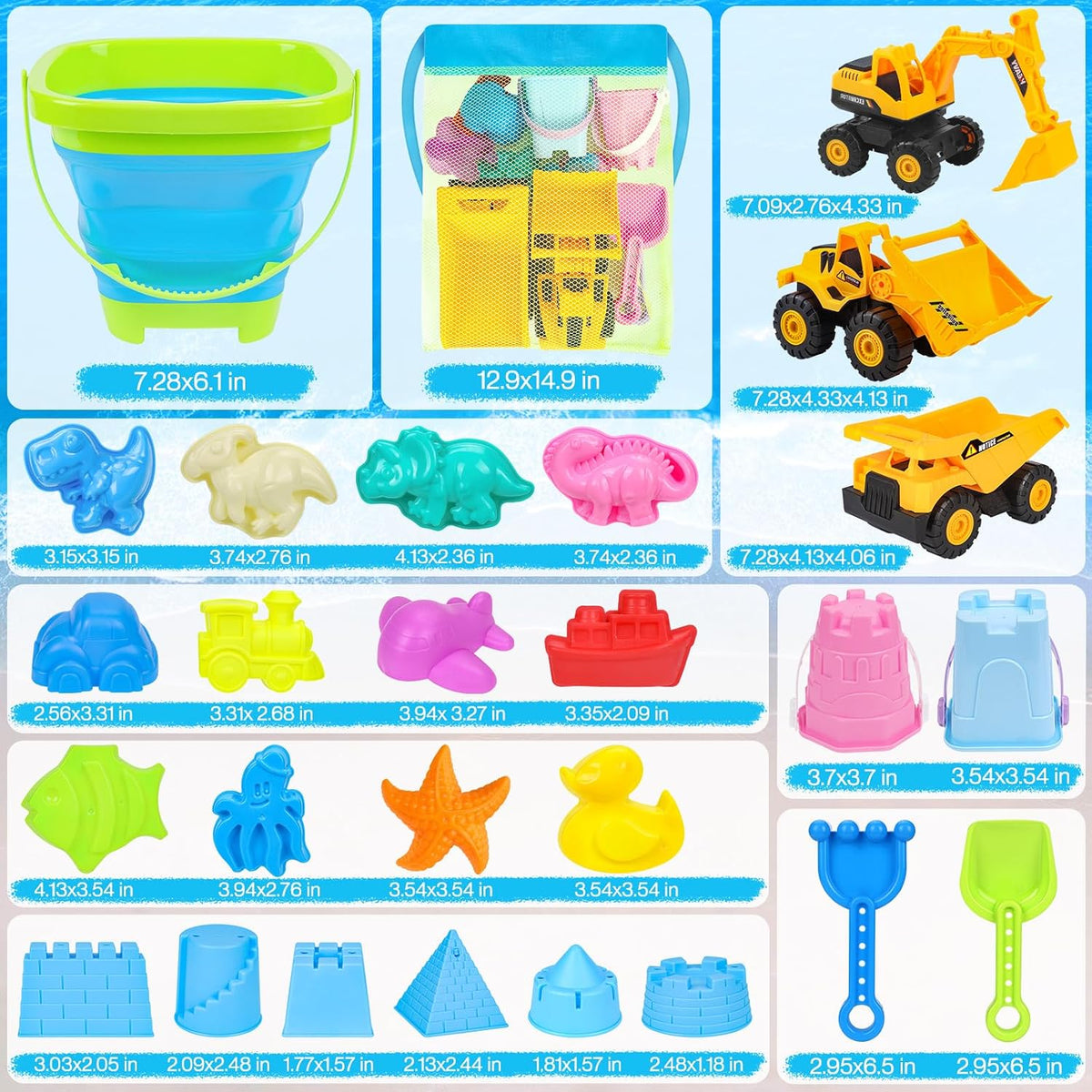 Juguetes de playa con 3 camiones, cubos plegables para niños de 3