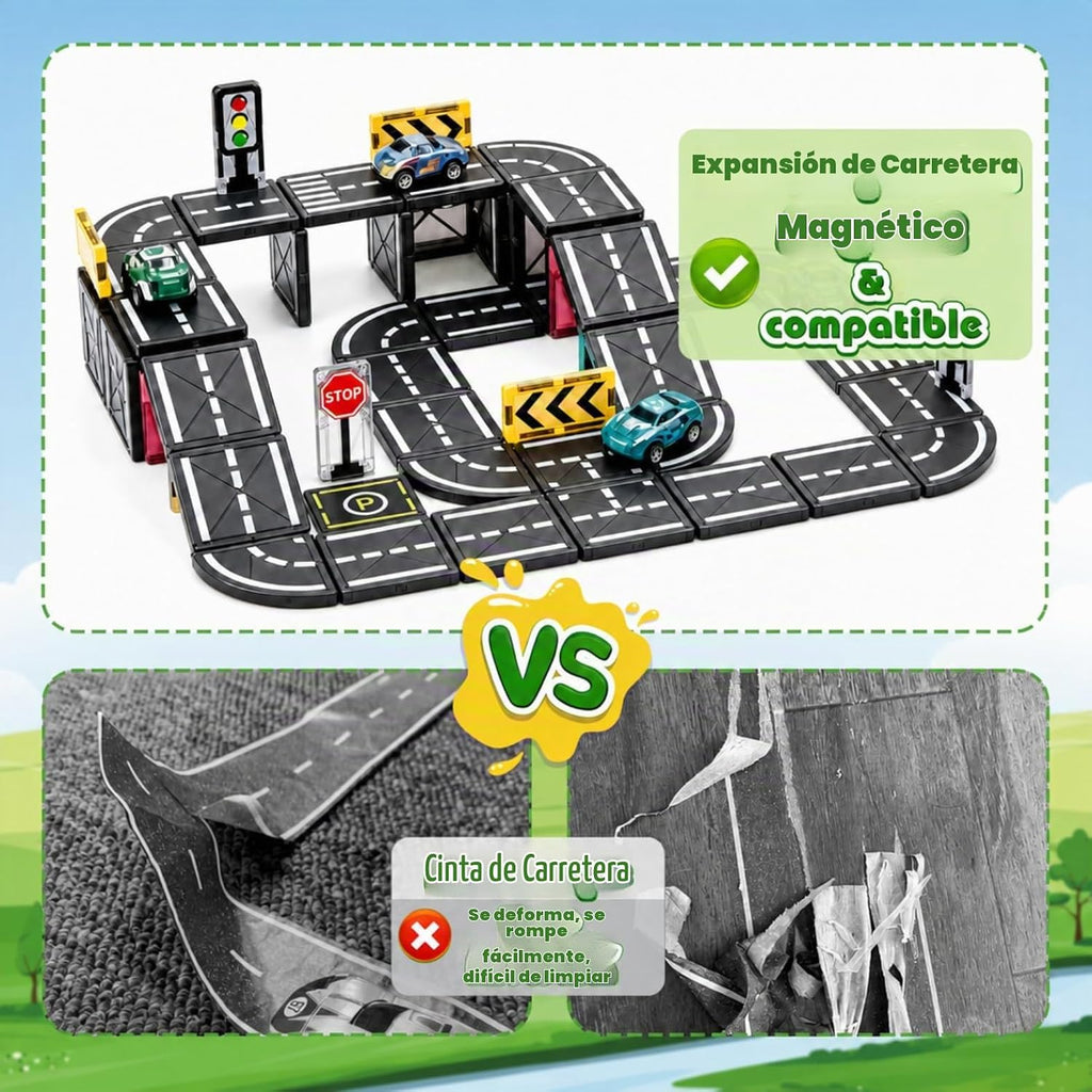 Juego de azulejos magnéticos con coches, bloques magnéticos para niños de 4