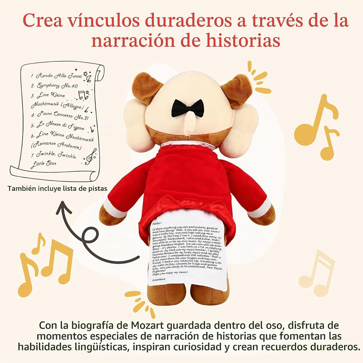 Amadeus Mozart Oso de Peluche – Reproduce 40 Minutos de Música Clásica, Oso de Peluche Interactivo Educativo y Tranquilizante para Bebés y Niños Pequeños, Perfecto