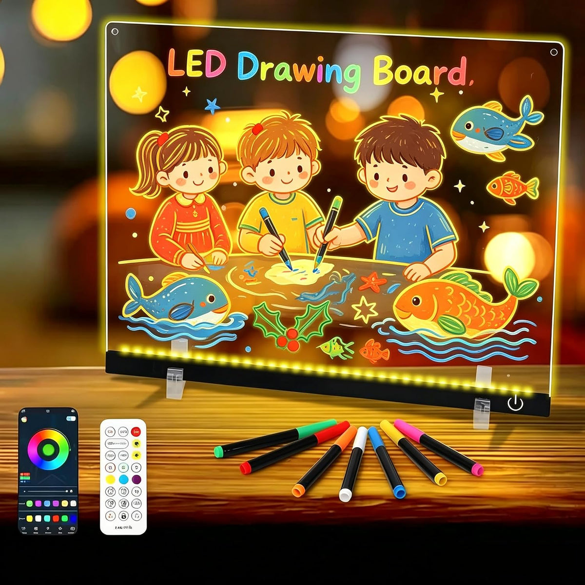 Tablero de dibujo LED acrílico de 14.1 x 10.9 pulgadas con aplicación y control remoto de botón táctil, tablero de notas LED con color, pizarra de borrado en seco con luz LED, nota brillante, ideal
