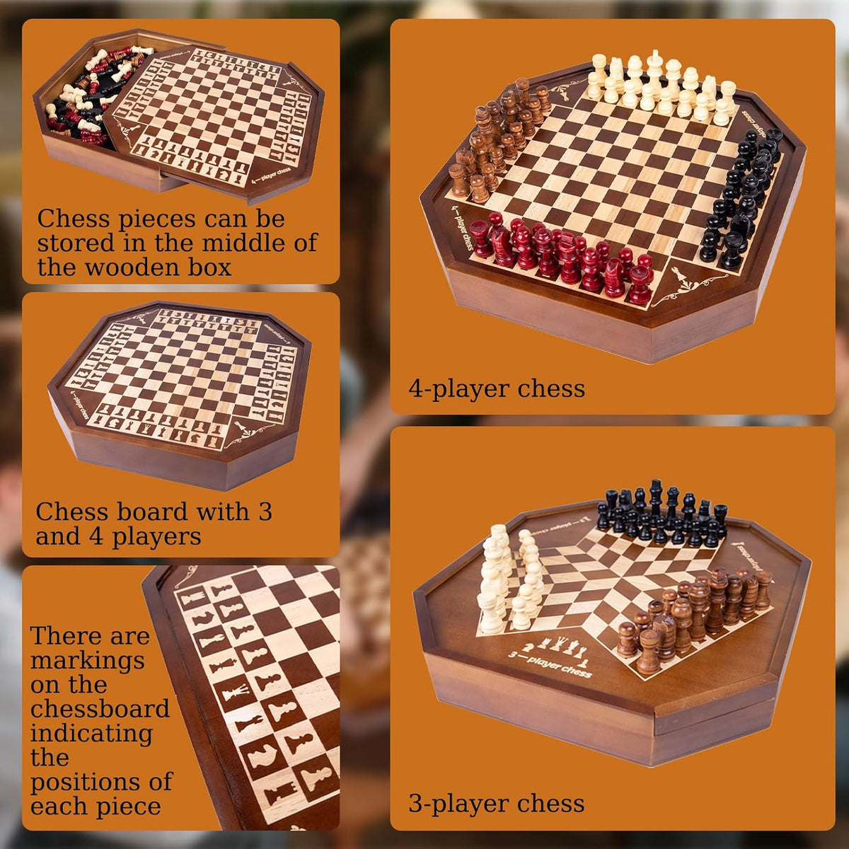 Juego de mesa de ajedrez de madera para 3 o 4 jugadores, juego de ajedrez, juego IQ, un tablero de ajedrez con posiciones marcadas de piezas de ajedrez, un regalo para entusiastas del ajedrez