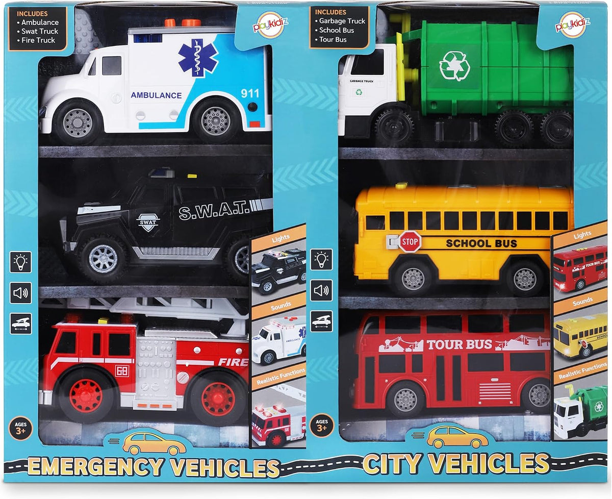 Juego de Coches de Juguete para Niños Pequeñitos - 6 Piezas de Coches de Juguete con Luz y Sonidos, Juego de Vehículos de la Ciudad y de Emergencia, Incluye Coche de Policía, Camión de