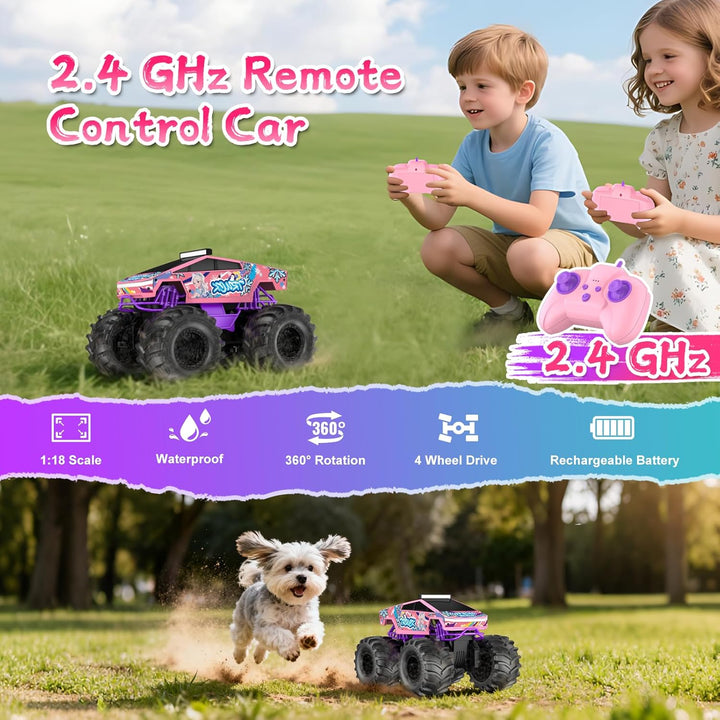 Coche de control remoto para niñas camión monstruo rosa