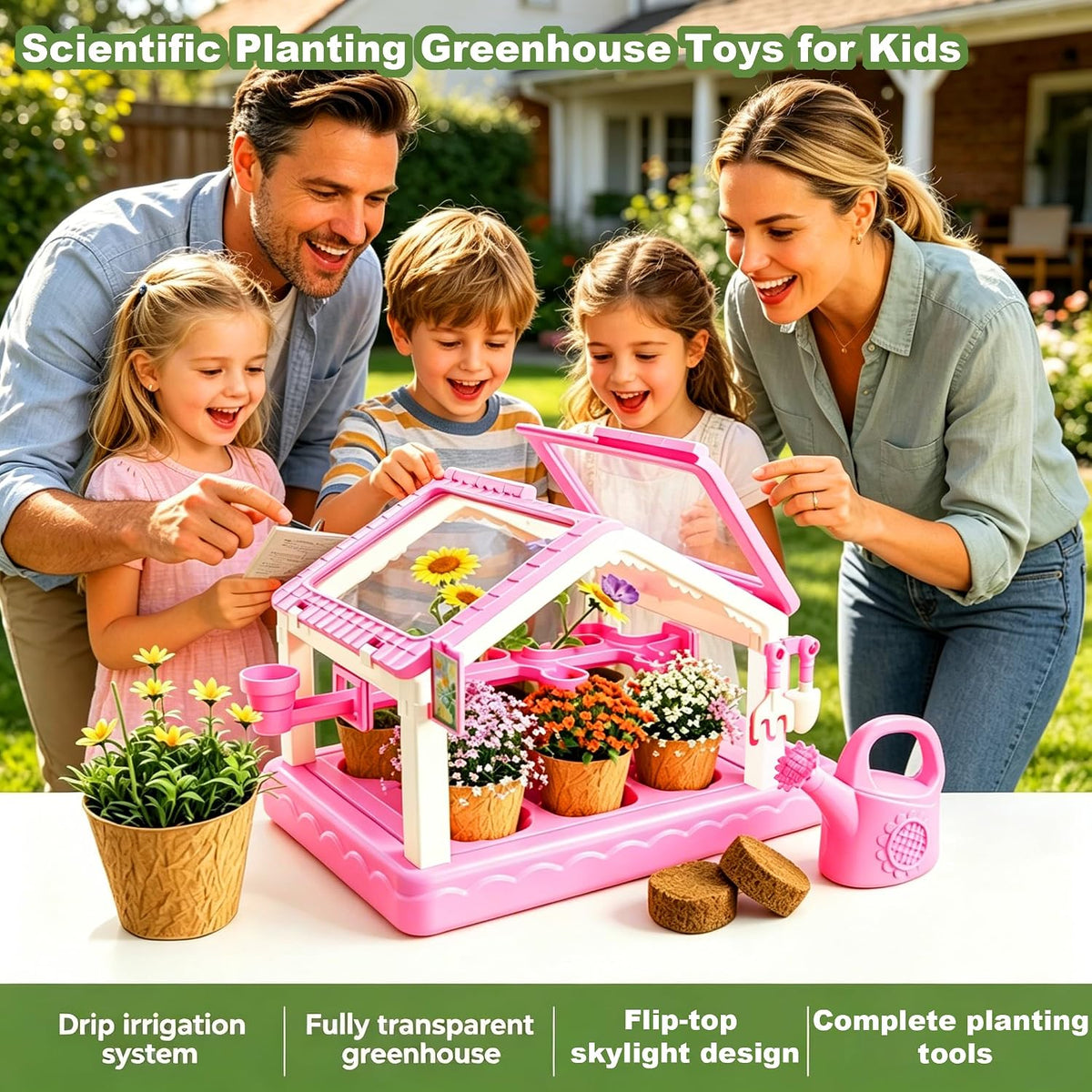 Mini kit de cultivo de plantas de invernadero para niños con sistema de riego por goteo, casa de observación de plantas transparente, herramientas completas de jardinería, juguete educativo de