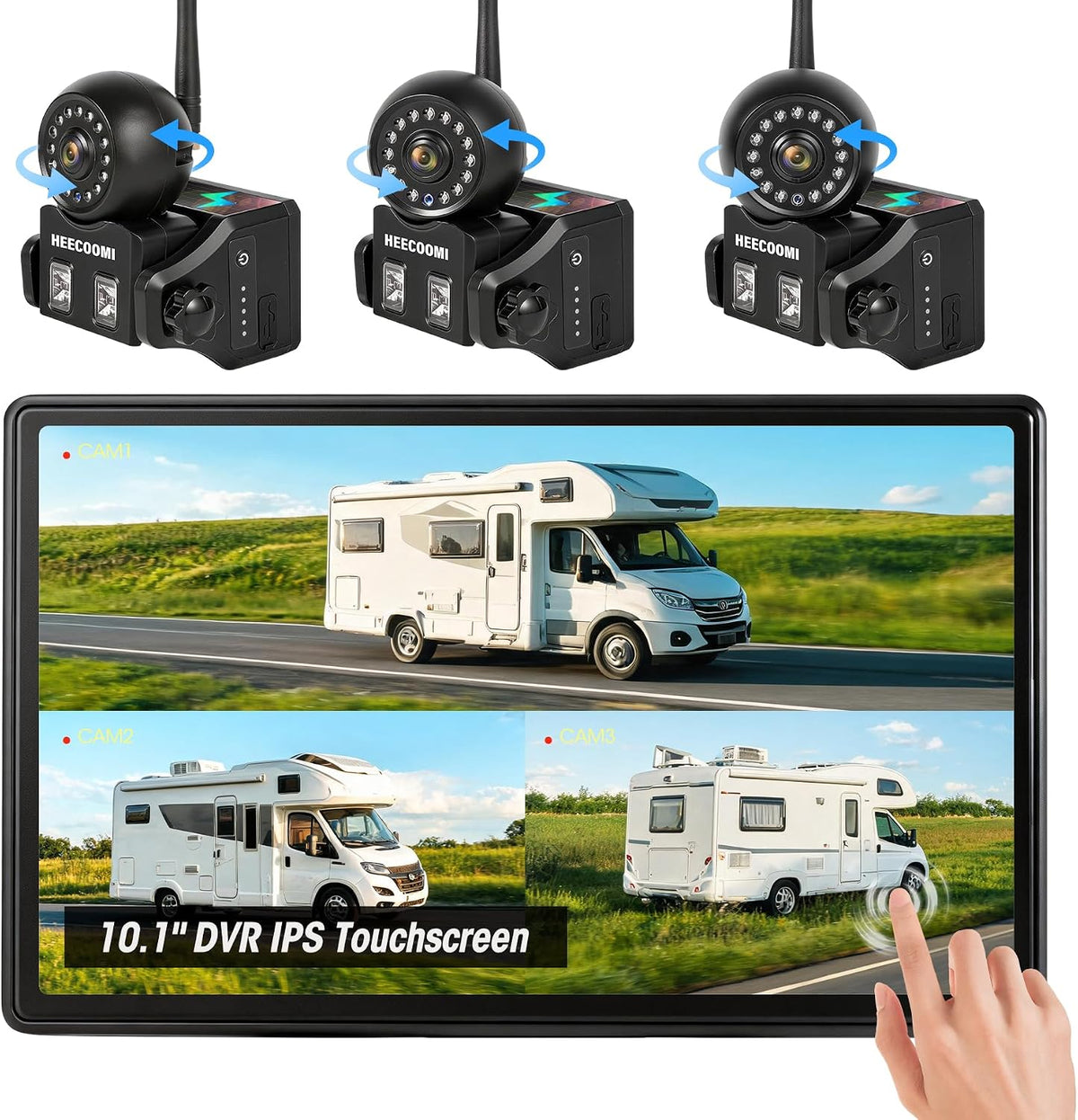 3 cámaras magnéticas solares inalámbricas de respaldo, lente giratoria de 360° + DVR de pantalla táctil HD de 10.1 pulgadas, 3 x 1000 mAh recargable IR trasera + cámaras de visión lateral