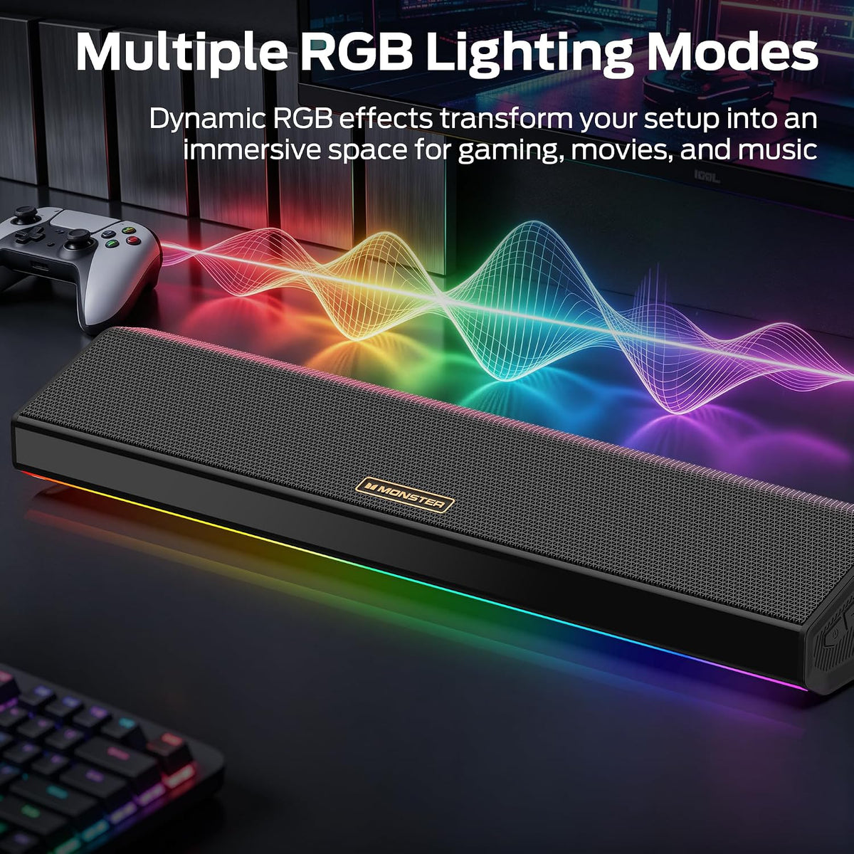 Monster SD100 Altavoces de computadora para PC de escritorio, altavoces estéreo de PC de 28 W con emparejamiento inalámbrico TWS, Bluetooth 6.0 y barra de sonido auxiliar de 0.1 in, graves profundos