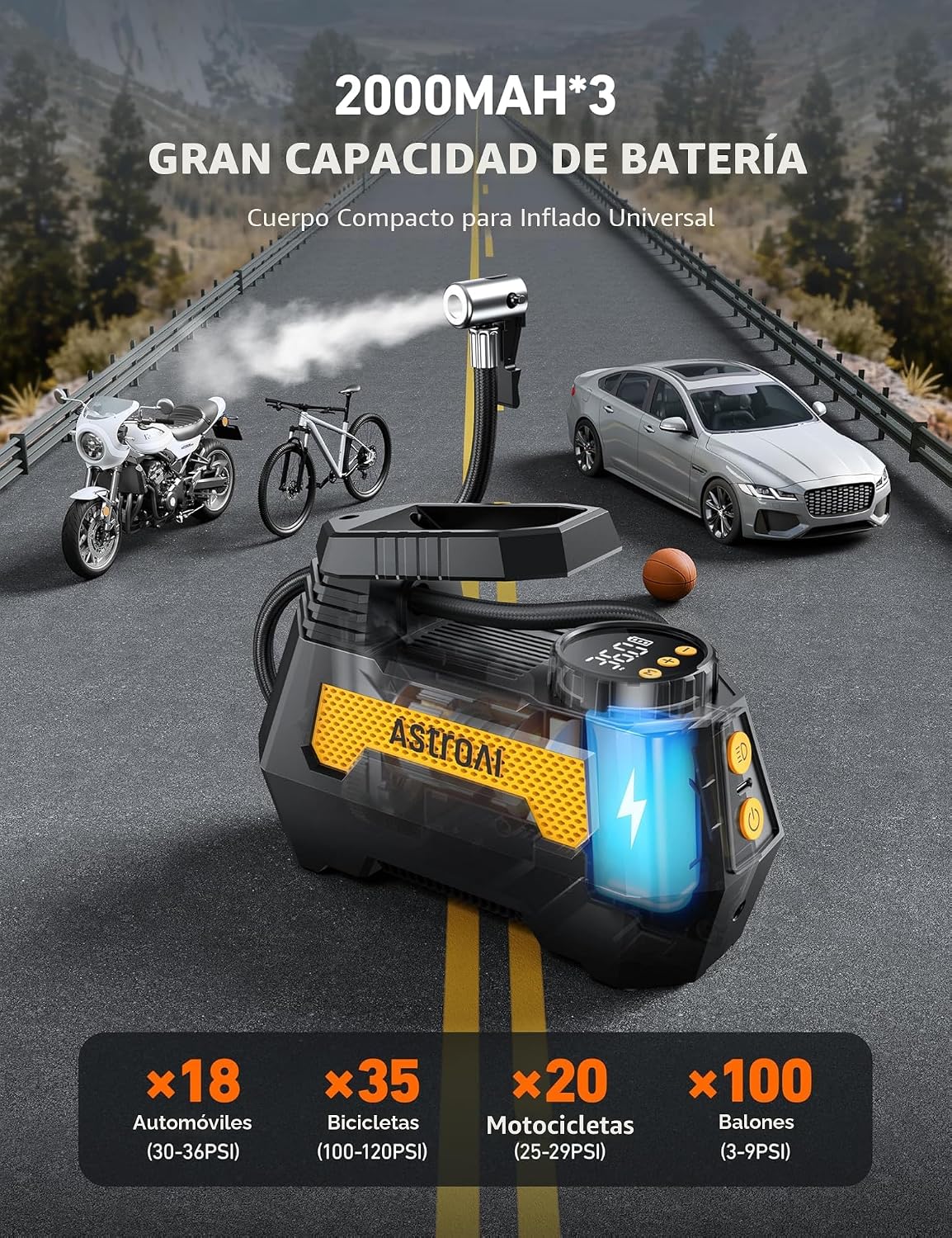 AstroAI H2 Pro - Inflador de neumáticos inalámbrico, compresor de a...